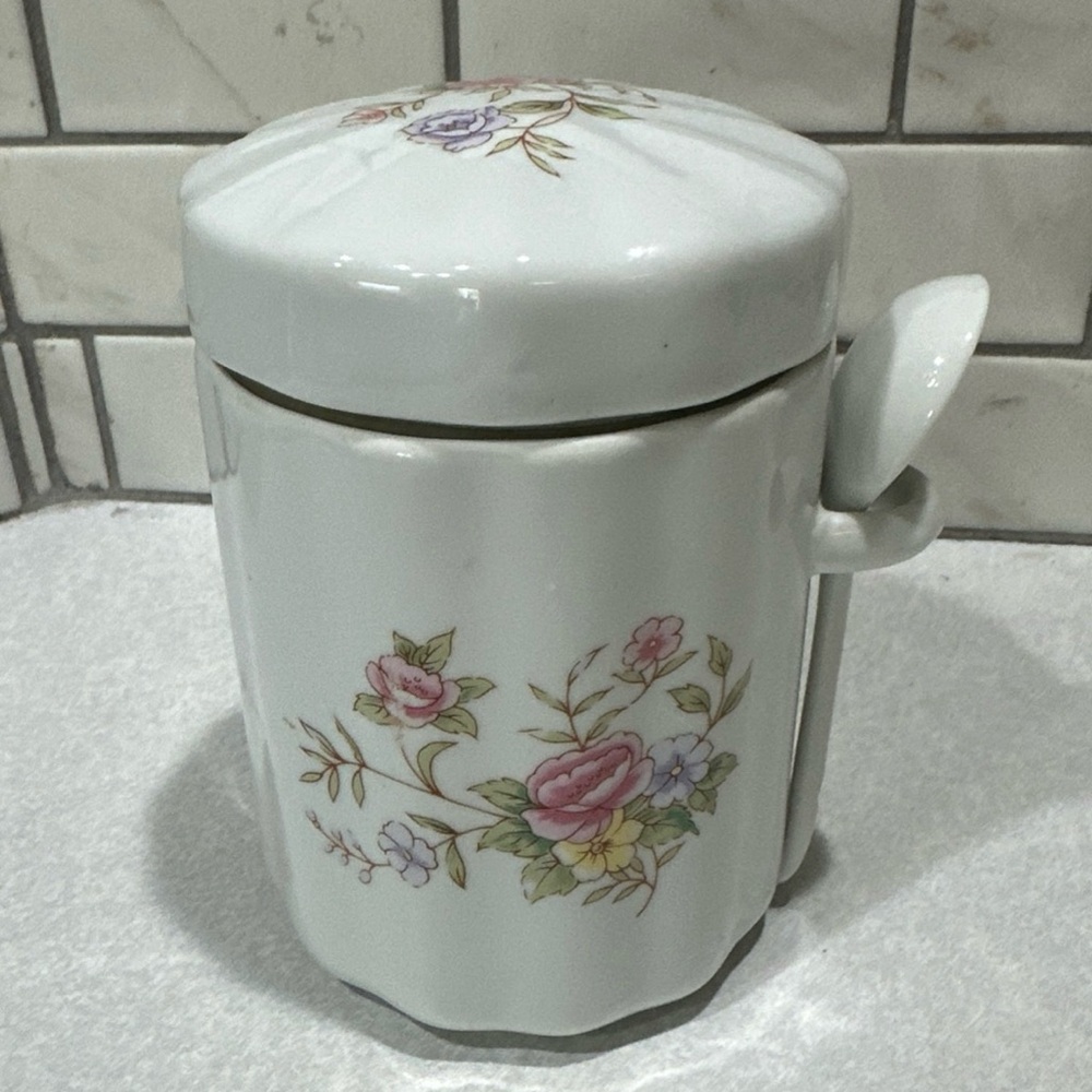 1980’s vtg FTDA Pink Floral Ceramic Canister Jar & Spoon Coffee Sugar Tea Spice